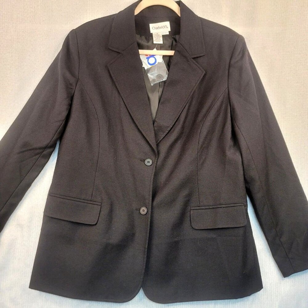 Chadwicks Womens Black 100% Wool Blazer Jacket Size 16 Classic Staple Career
